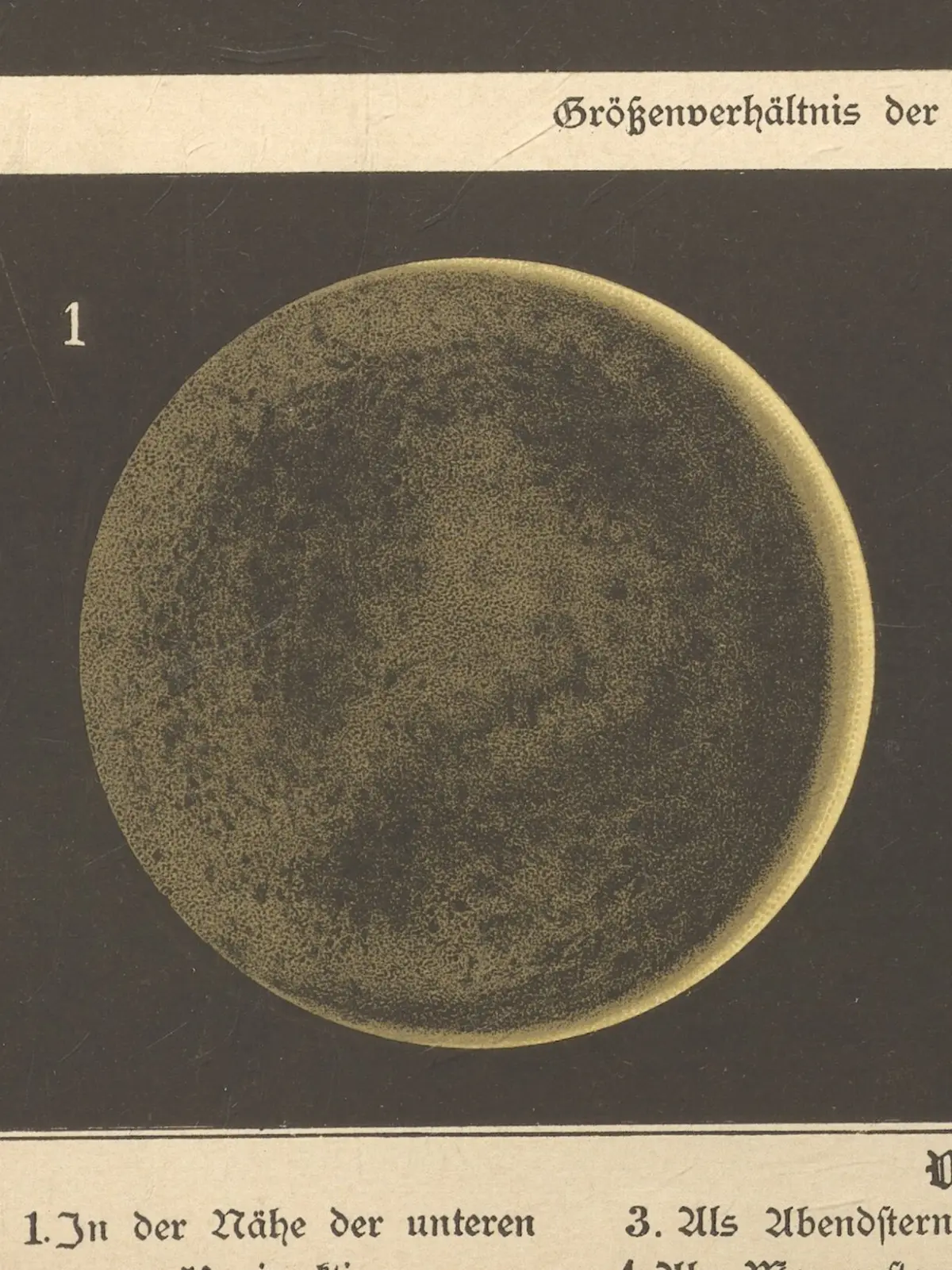A chromolithograph of Venus near inferior conjunction: a dark disc on a black ground with a thin lit crescent along its right edge.