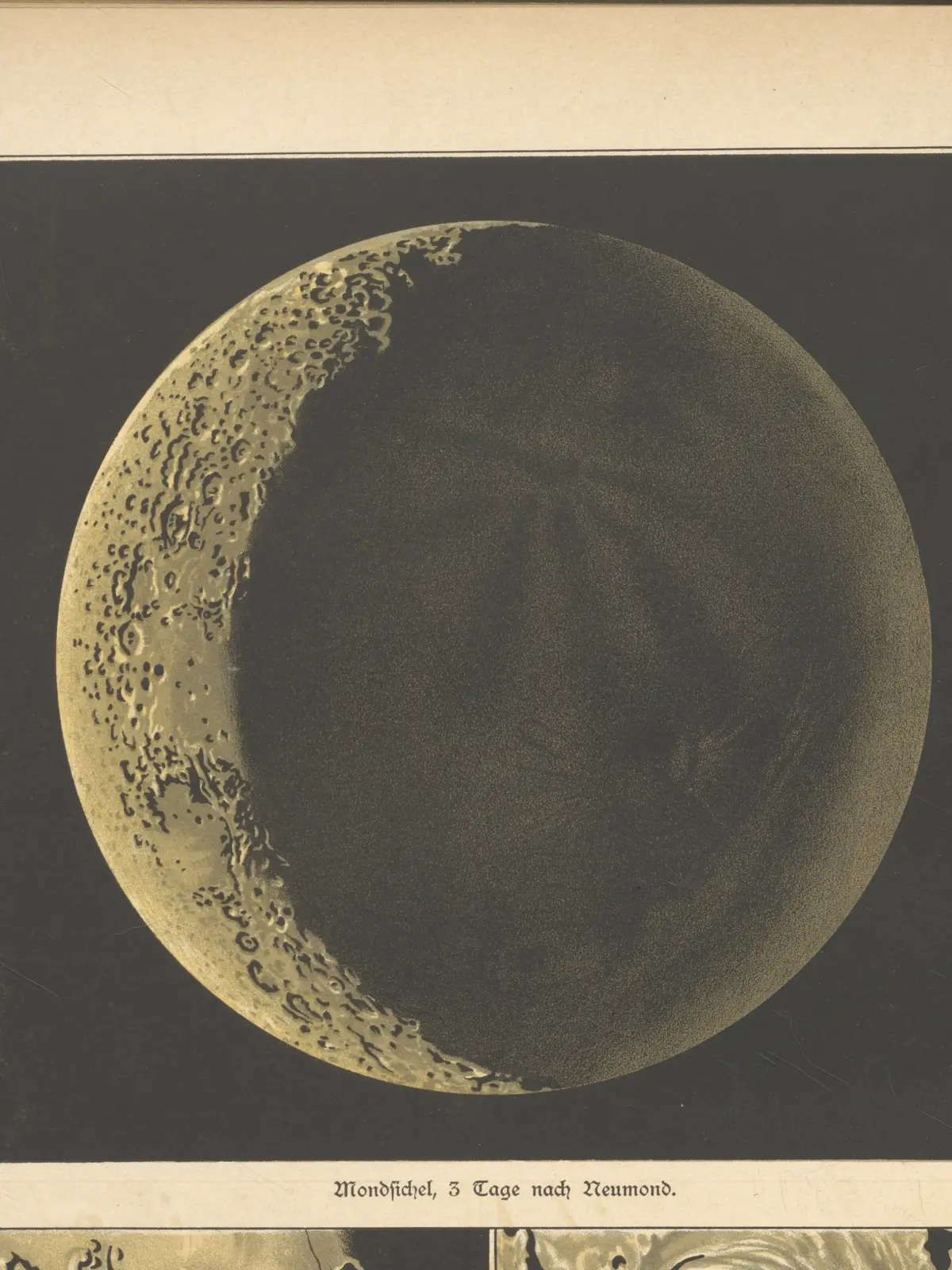 A chromolithograph of a three-day-old crescent Moon, the lit edge crowded with craters and the dark side faintly visible against a black ground.