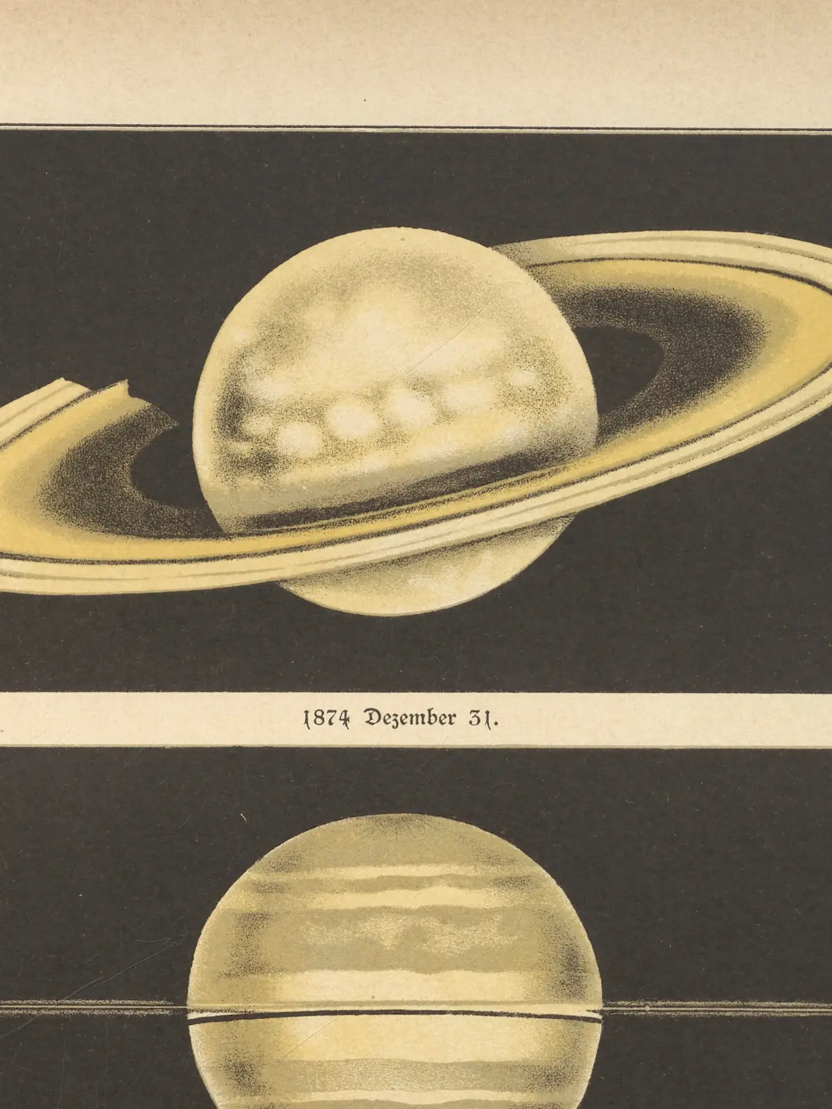 A chromolithograph of Saturn on a black ground, its pale banded globe tilted inside a broad golden ring system, dated 31 December 1874.