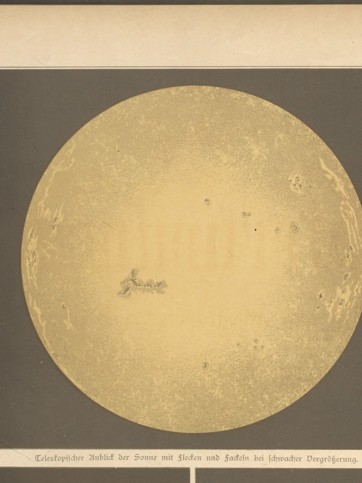 A chromolithograph of the Sun as seen through a telescope: a pale gold disc on a black ground, freckled with faculae and marked with a few dark sunspots.