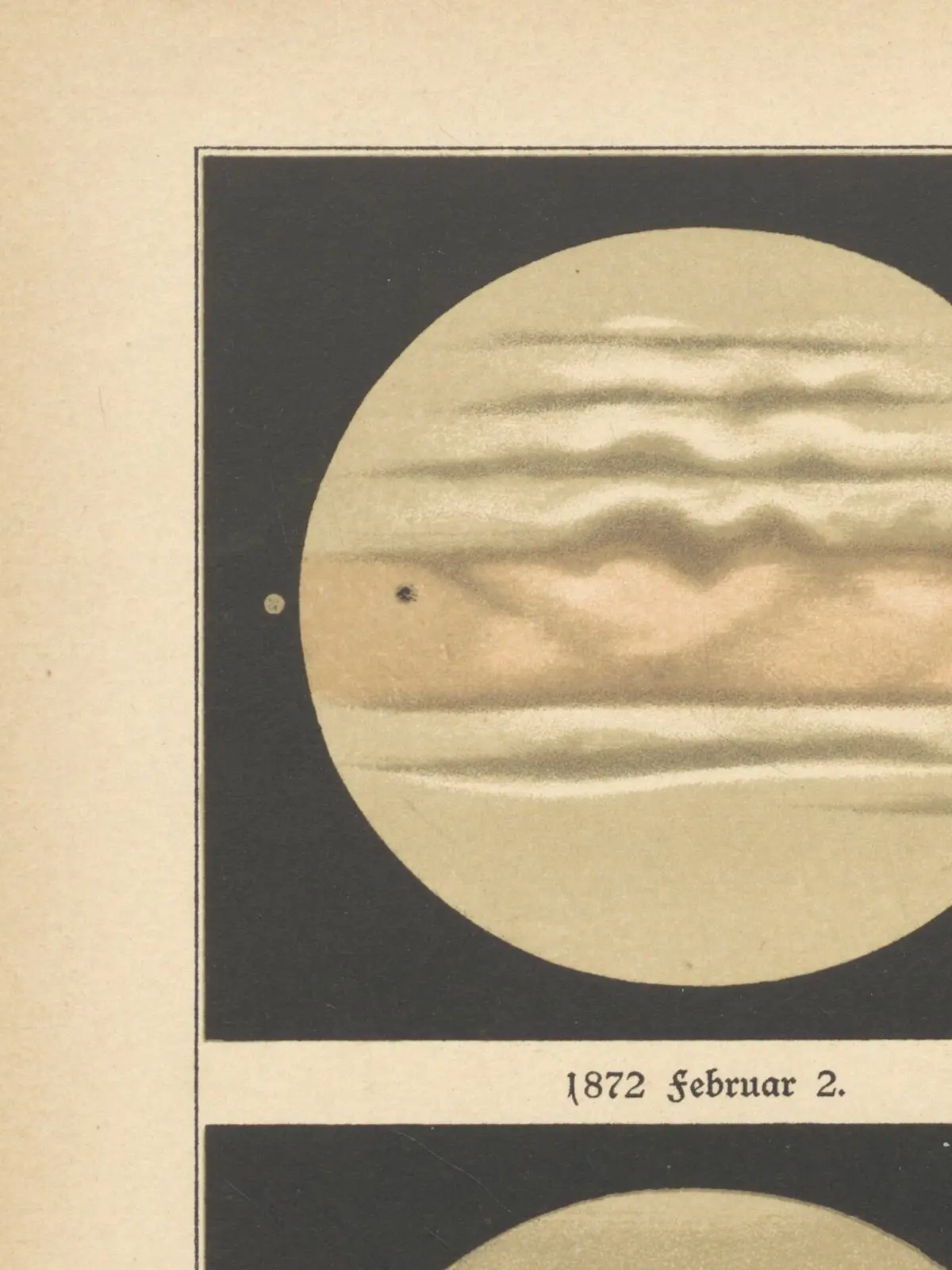 A chromolithograph of Jupiter as a banded cream disc on a black ground, with a small moon and its shadow at the left edge, dated 2 February 1872.