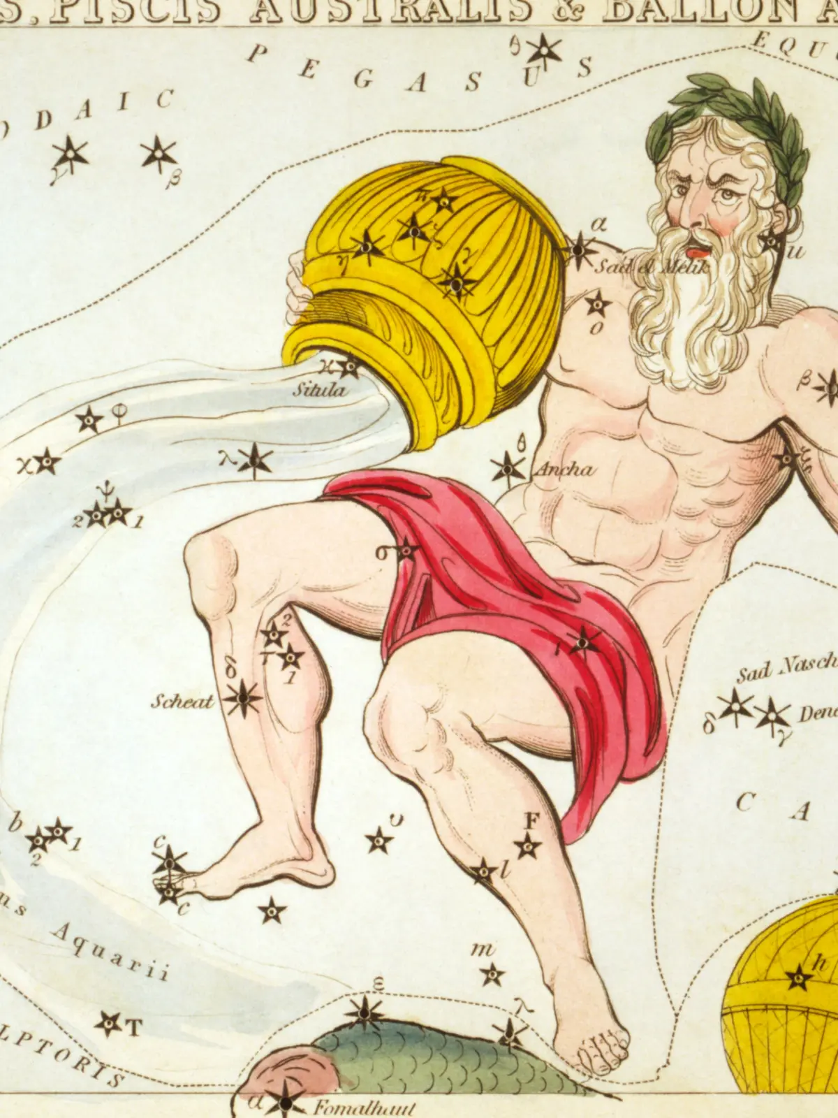 A hand-coloured star card of Aquarius: a bearded man in a crimson wrap tipping a golden urn, a stream of water pouring from it across the stars below.