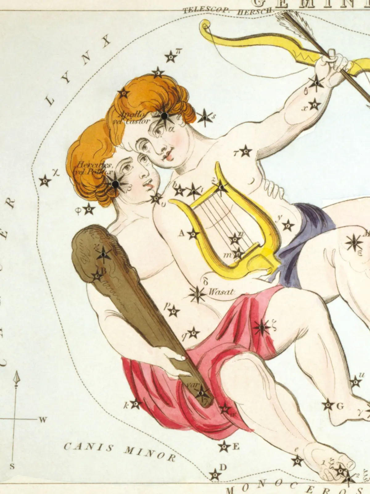 A hand-coloured star card of Gemini: the twins Castor and Pollux seated together, one in a red cloak holding a club, the other raising a bow, with a yellow lyre between them.