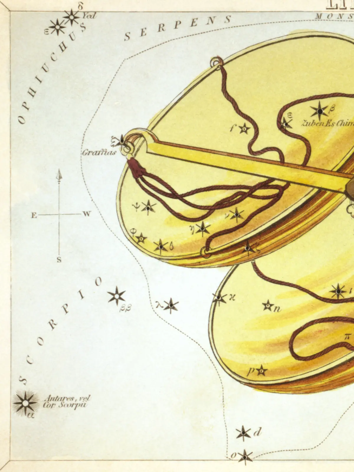 A hand-coloured star card of Libra: a pair of golden scales hanging from a beam, the pans tilted, with stars pricked across both dishes.