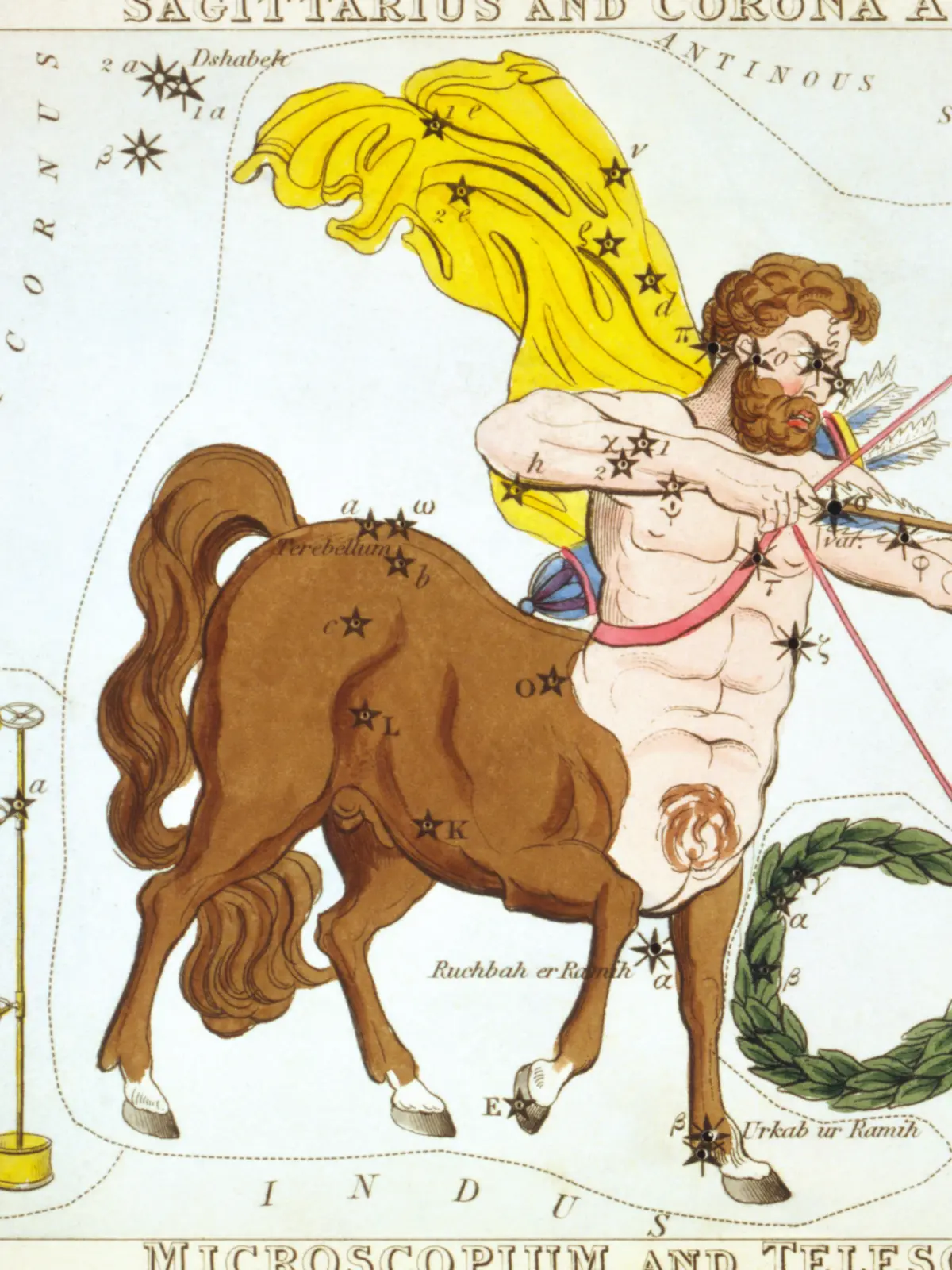 A hand-coloured star card of Sagittarius: a centaur with a brown horse's body drawing a golden bow, a yellow cloak flying behind him, with a laurel crown beside.