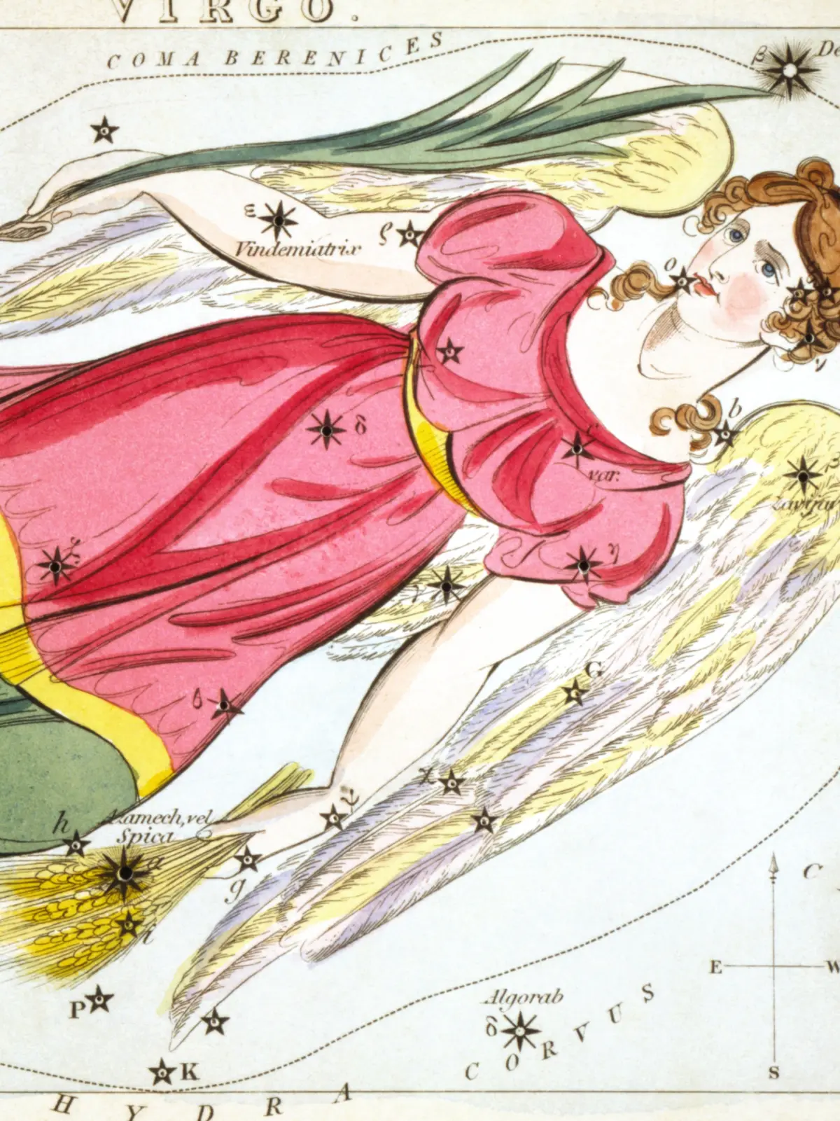 A hand-coloured star card of Virgo: a winged woman in a crimson and green robe reclining across the sky, holding an ear of wheat where the star Spica is marked.