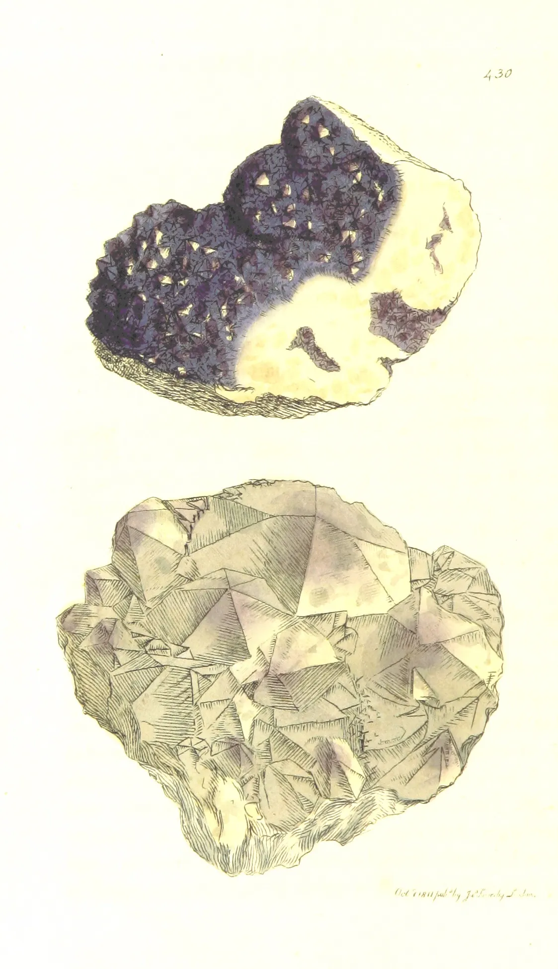 A hand-coloured plate of two quartz specimens: above, a crust of small violet amethyst points on a pale cream nodule; below, a larger broken mass crowded with faintly purple, sharply pyramidal quartz crystals over its whole upper surface.