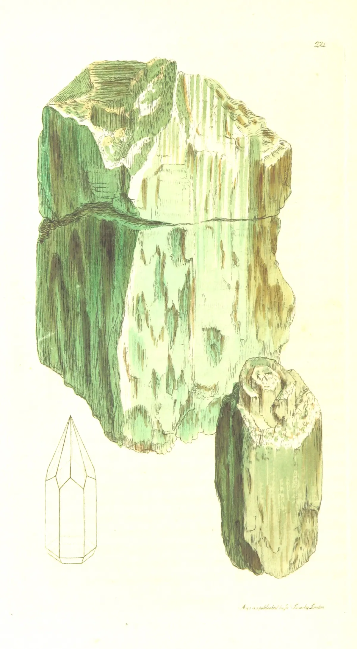A hand-coloured plate of a large broken beryl crystal, its vertical faces finely striated and shading from sea-green through milky white to buff, with a smaller weathered prism beside it and an outline diagram of the six-sided crystal below.
