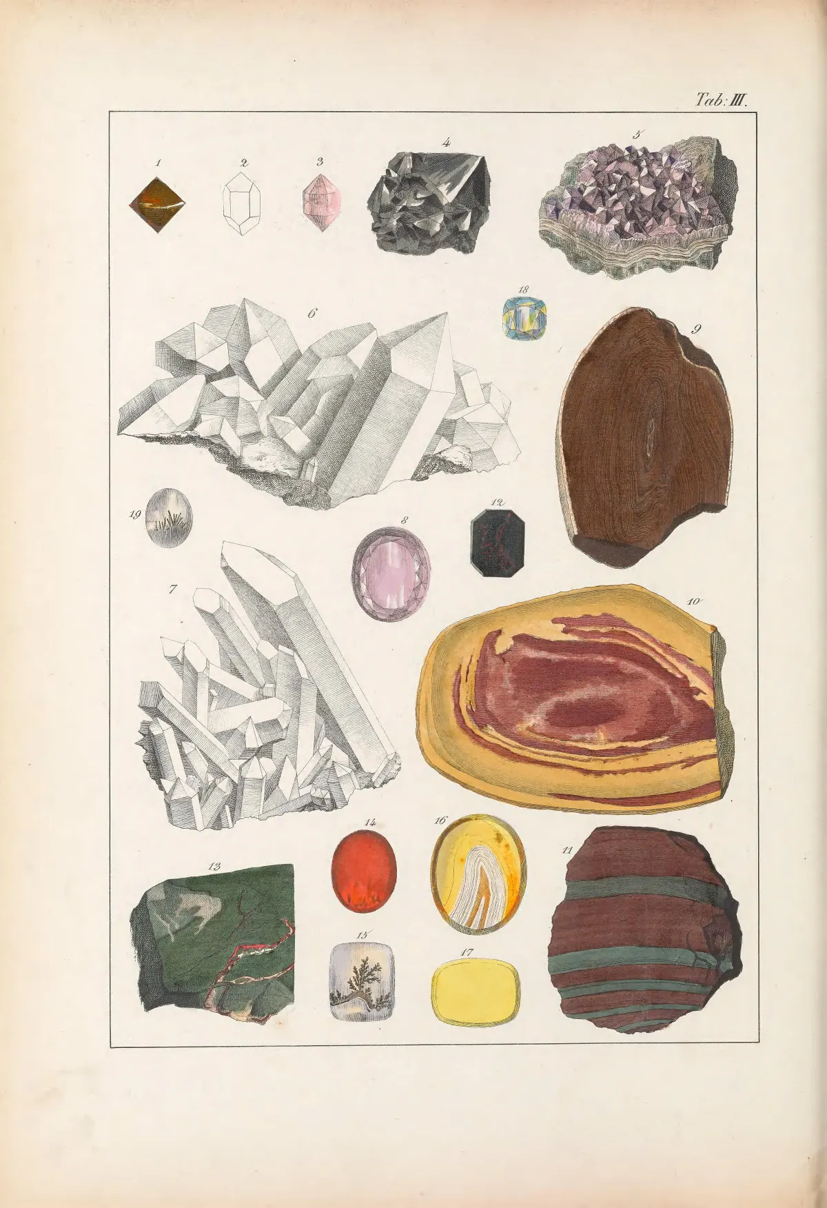 A hand-coloured lithograph of quartz varieties. At lower left a polished slab of heliotrope, dark green threaded with blood-red veins; nearby a small dark green octagonal bloodstone spotted with red, among rock-crystal groups, an amethyst druse, jaspers and agates.
