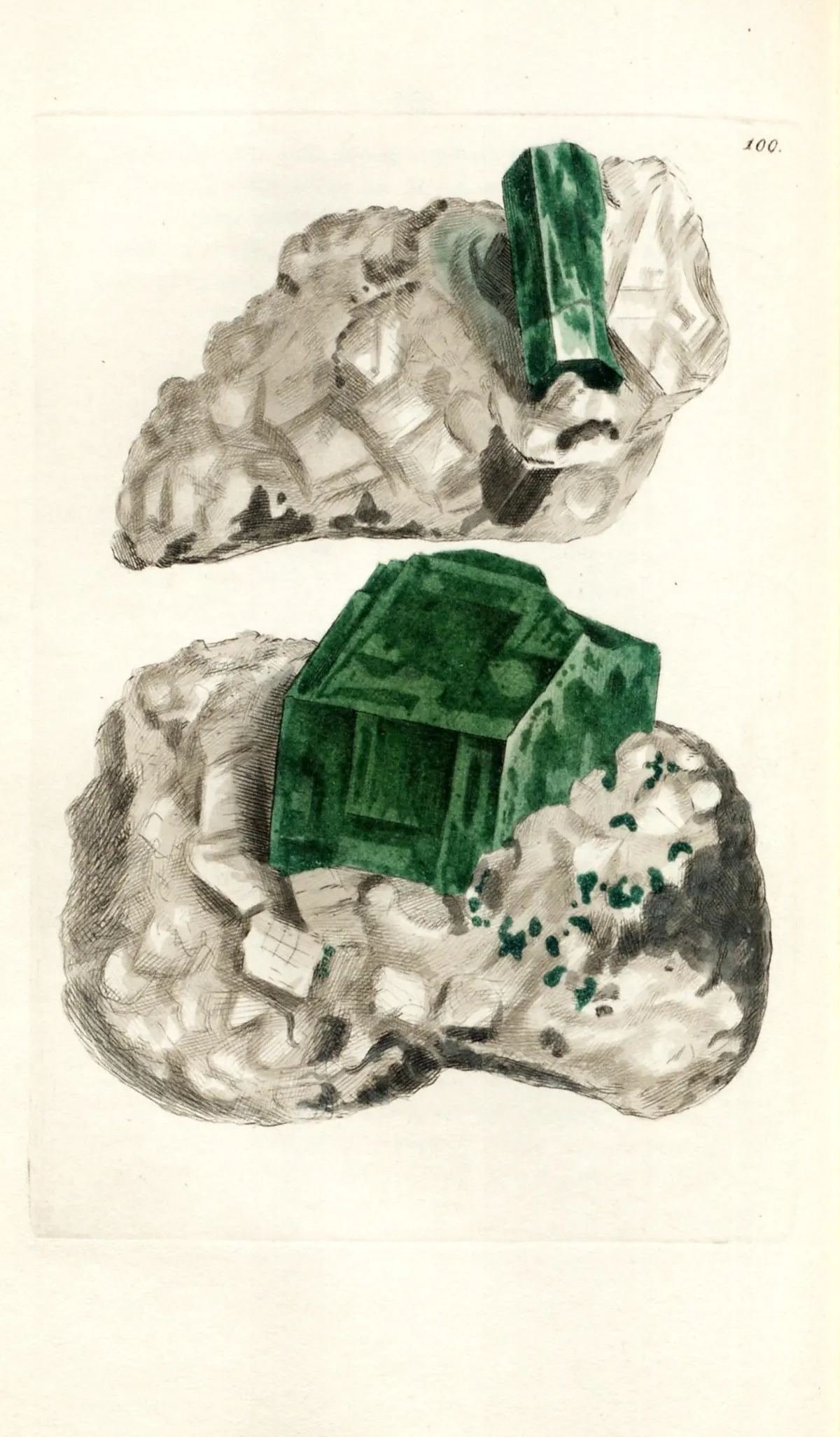 A hand-coloured engraving of two emerald specimens: a slender deep-green hexagonal prism lying across a pale grey calcite matrix, and below it a large blocky green crystal seated in white rock speckled with small green grains.