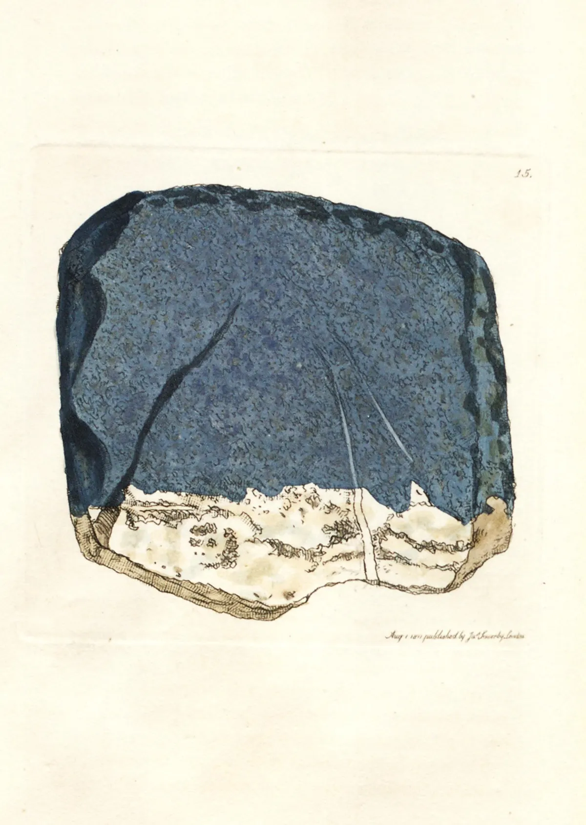A hand-coloured engraving of a single slab of lapis lazuli: a broad deep blue mass mottled with darker and greyer patches and crossed by a few thin pale veins, resting on a band of cream-white calcite and buff rock along its lower edge.