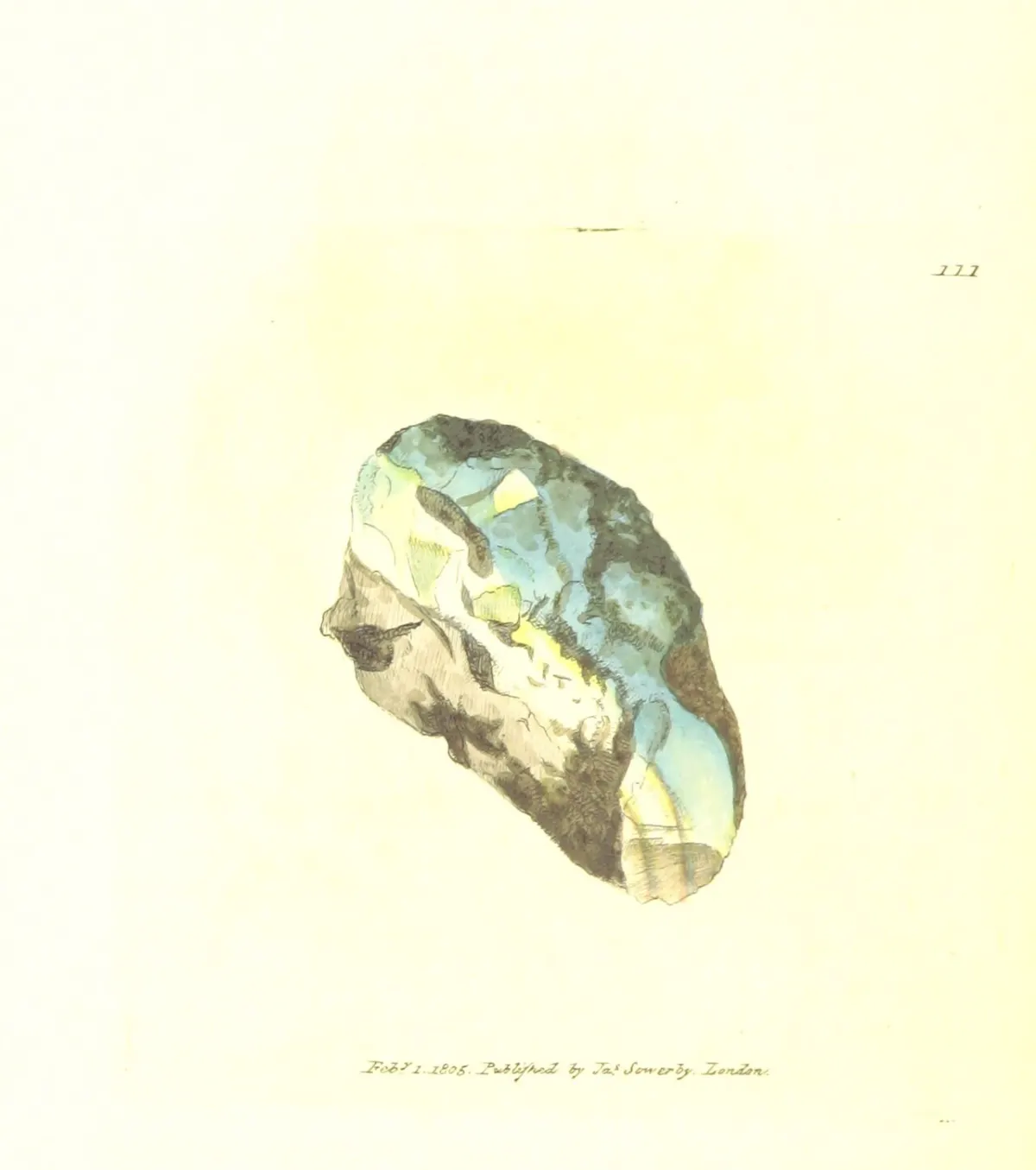 A hand-coloured engraving of a single opal nodule set alone on the page: an irregular water-worn lump whose broken face is milky blue-green and cream with faint yellow patches, edged along the underside by a rough dark brown weathered crust.