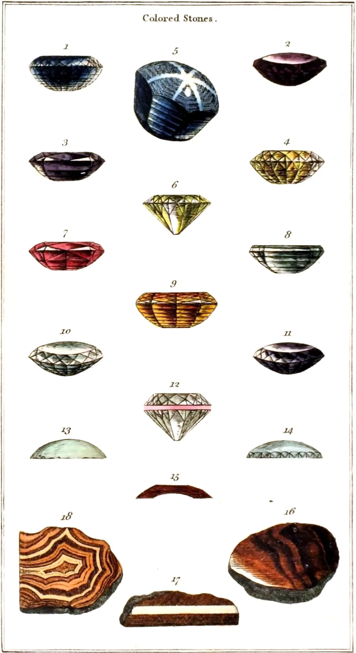 A hand-coloured plate headed Colored Stones. At top left a deep blue cushion-cut sapphire; at top centre a large rough blue-grey sapphire showing a white six-rayed star; below them ruby, amethyst, yellow and orange stones, pale green cabochons and banded agate slices.
