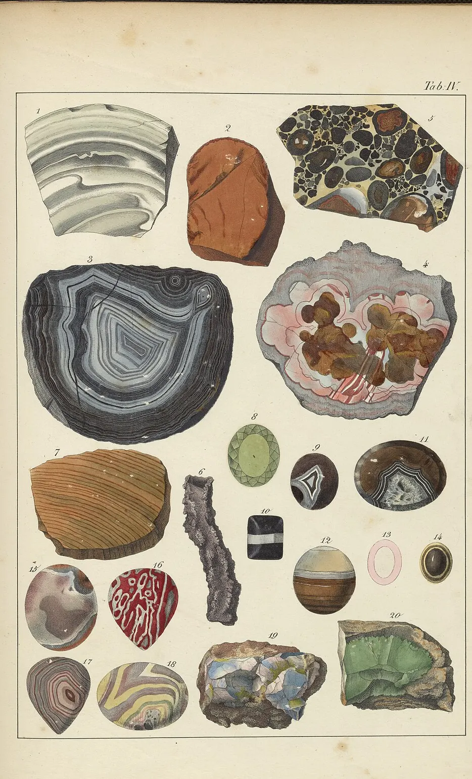 A hand-coloured lithograph of twenty banded quartz specimens: a black-and-white banded onyx square, a brown-and-white ribbon agate ball, a small dark onyx ring-stone rimmed with gold, sliced fortification and clouded agates, red carnelian and two opals.