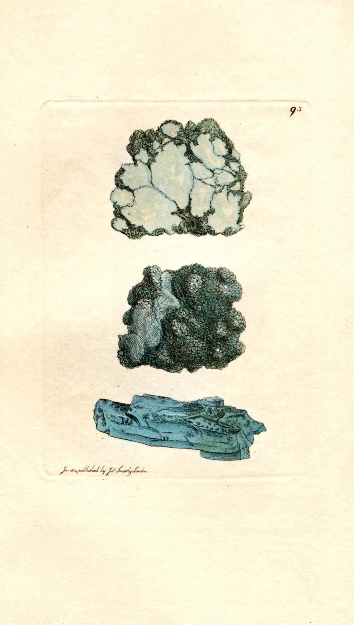 A hand-coloured engraving of three turquoise specimens one above another: a pale blue-green crust broken into rounded patches within a dark green rind, a knobbly botryoidal mass, and a flat splintery slab of clear sky-blue turquoise seen edge-on.