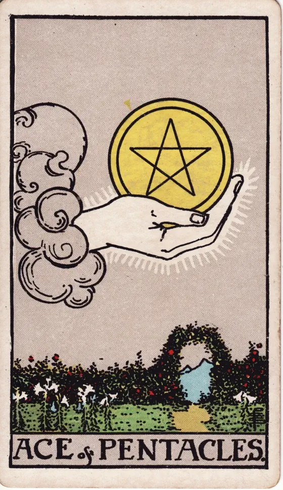 Ace of Pentacles: A hand—issuing, as usual, from a cloud—holds up a pentacle.