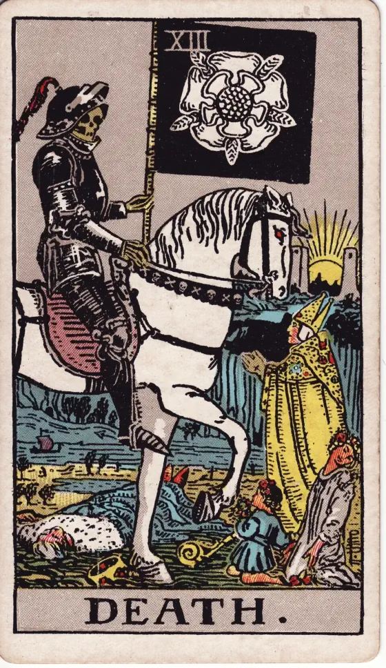 Death: A skeleton in black armour rides a white horse, carrying a black banner with a white rose; a king lies fallen, a bishop stands before him with hands joined, and a girl and a child kneel, while the sun rises between two towers.