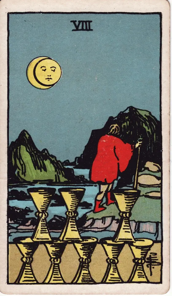 Eight of Cups: A man of dejected aspect is deserting the cups of his felicity, enterprise, undertaking or previous concern.