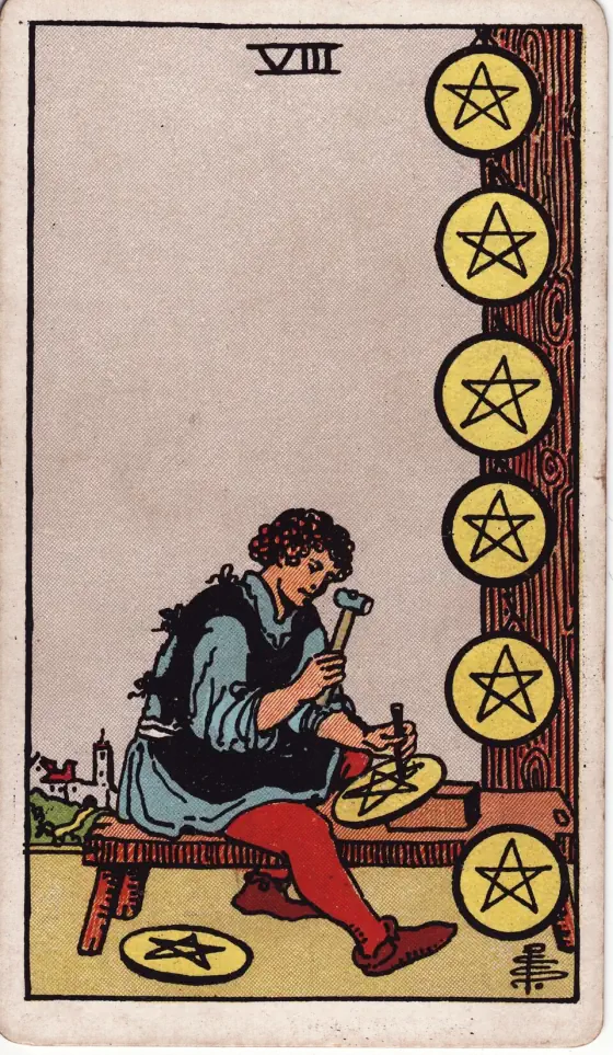 Eight of Pentacles: An artist in stone at his work, which he exhibits in the form of trophies.