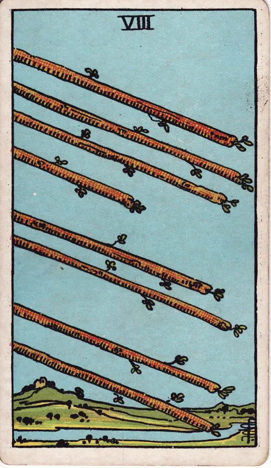 Eight of Wands: The card represents motion through the immovable—a flight of wands through an open country; but they draw to the term of their course.