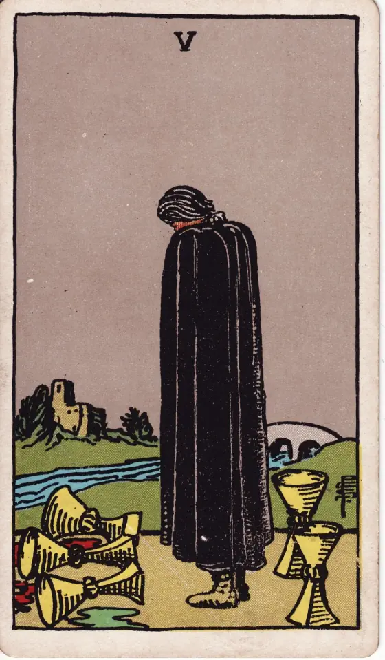 Five of Cups: A dark, cloaked figure, looking sideways at three prone cups; two others stand upright behind him.