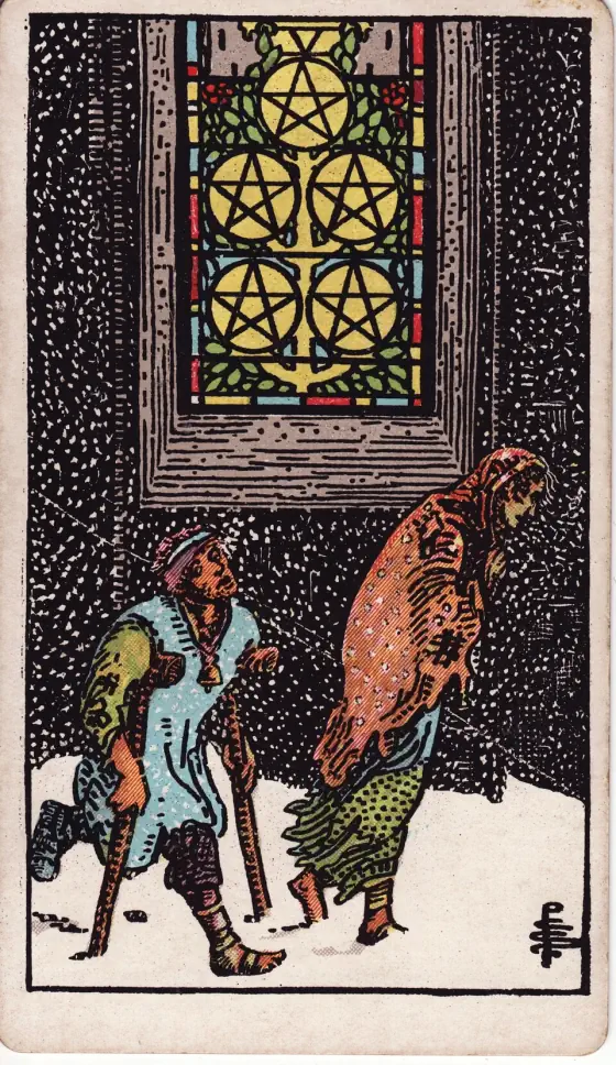 Five of Pentacles: Two mendicants in a snow-storm pass a lighted casement.