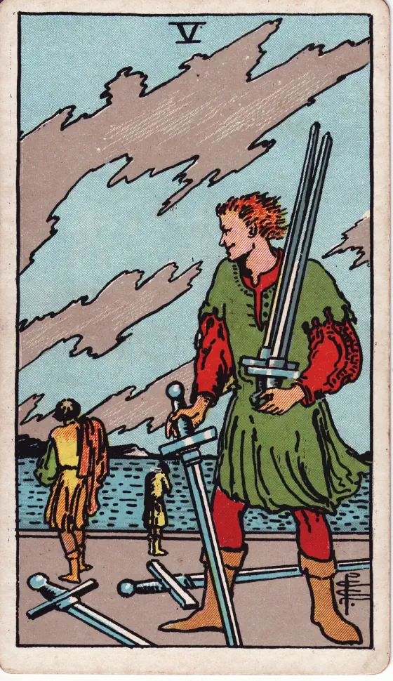 Five of Swords: A disdainful man looks after two retreating and dejected figures.