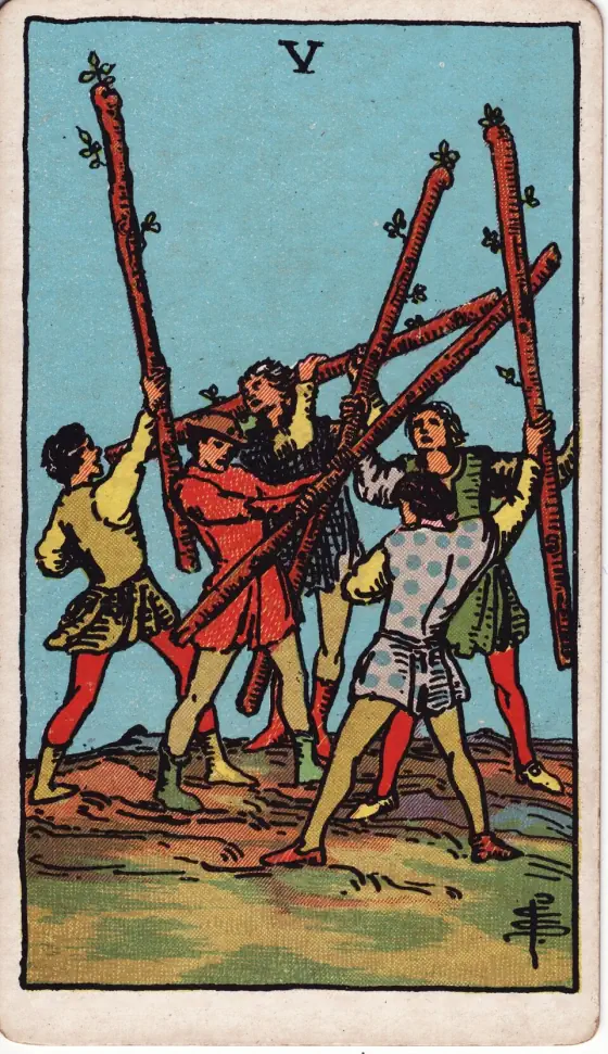 Five of Wands: A posse of youths, who are brandishing staves, as if in sport or strife.
