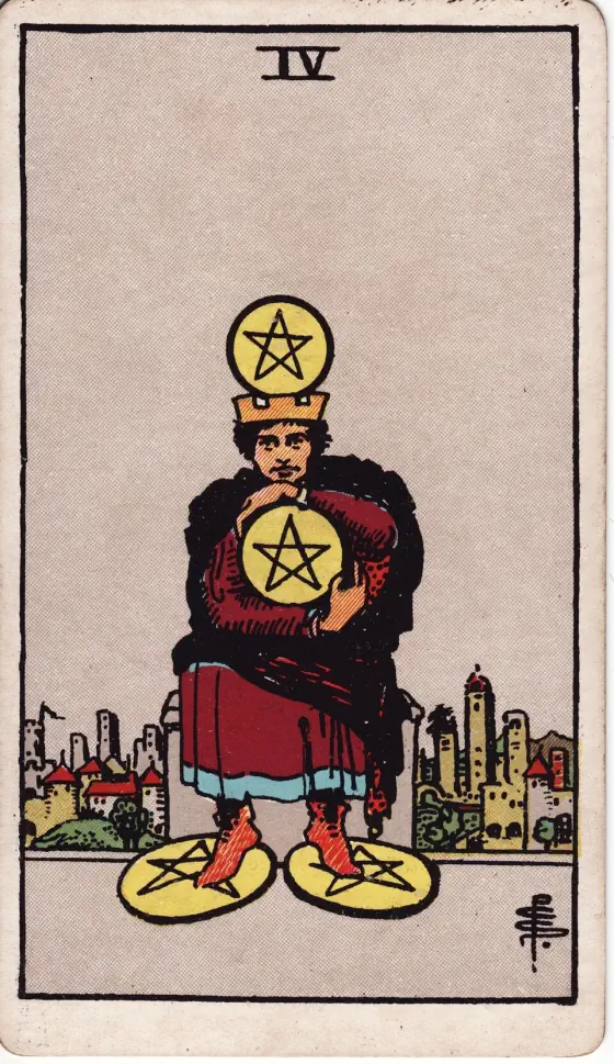 Four of Pentacles: A crowned figure, having a pentacle over his crown, clasps another with hands and arms; two pentacles are under his feet.