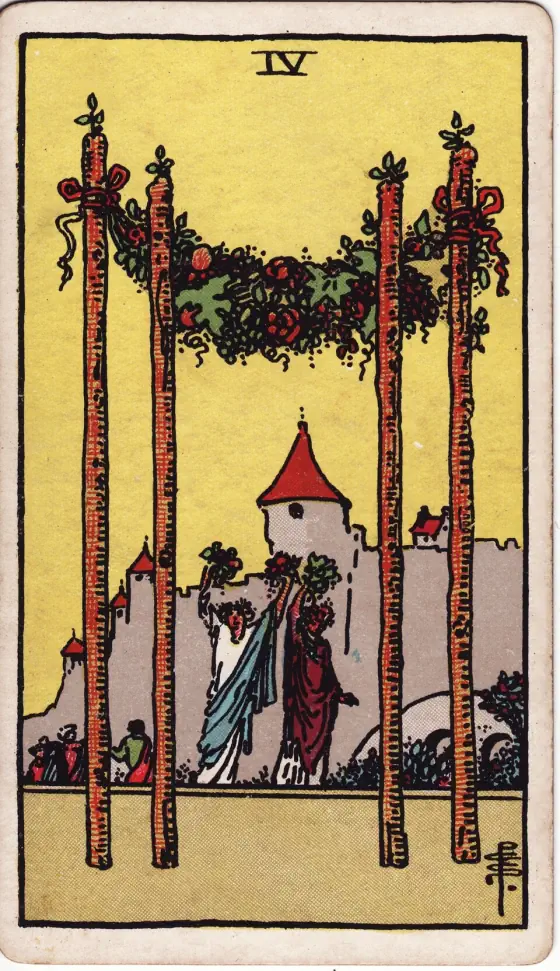 Four of Wands: From the four great staves planted in the foreground there is a great garland suspended; two female figures uplift nosegays.