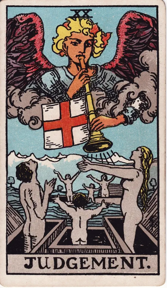 Judgement: A winged angel in the clouds blows a trumpet hung with a white banner and a red cross, and naked men, women and children rise from open coffins with their arms raised towards him.
