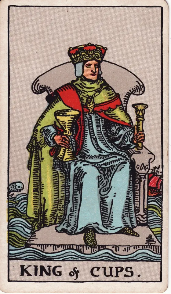 King of Cups: He holds a short sceptre in his left hand and a great cup in his right; his throne is set upon the sea.
