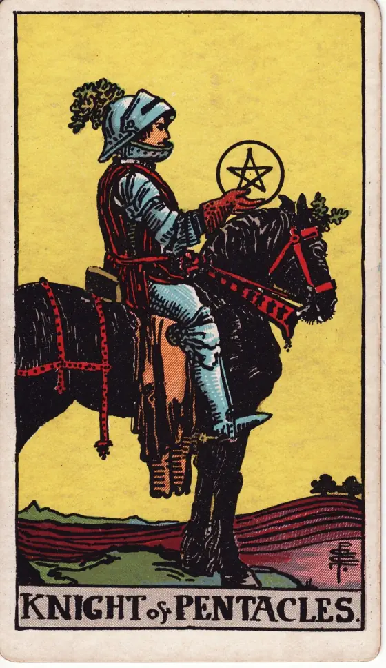 Knight of Pentacles: He rides a slow, enduring, heavy horse, to which his own aspect corresponds.