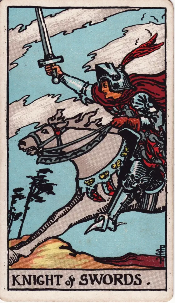 Knight of Swords: He is riding in full course, as if scattering his enemies.