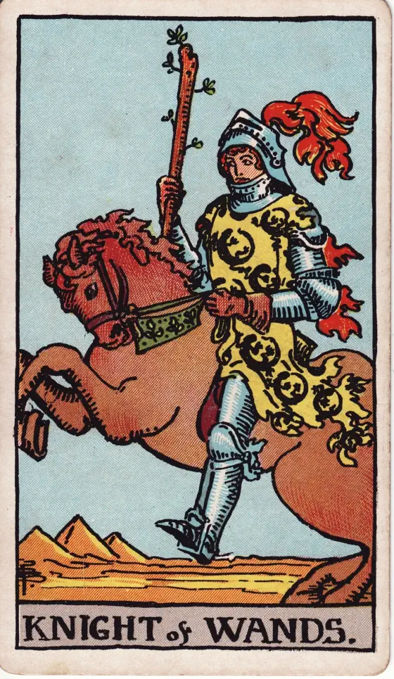 Knight of Wands: He is shewn as if upon a journey, armed with a short wand, and although mailed is not on a warlike errand.
