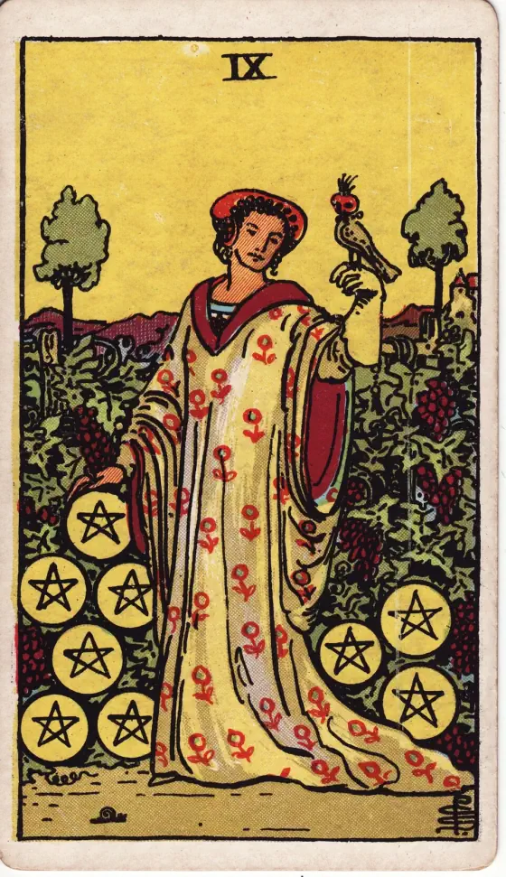 Nine of Pentacles: A woman, with a bird upon her wrist, stands amidst a great abundance of grapevines in the garden of a manorial house.