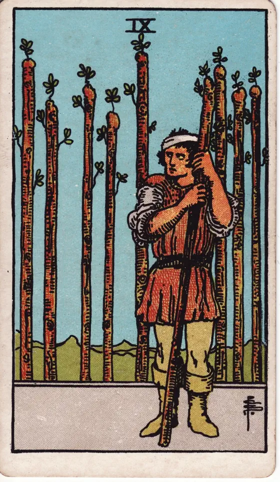 Nine of Wands: The figure leans upon his staff and has an expectant look, as if awaiting an enemy.