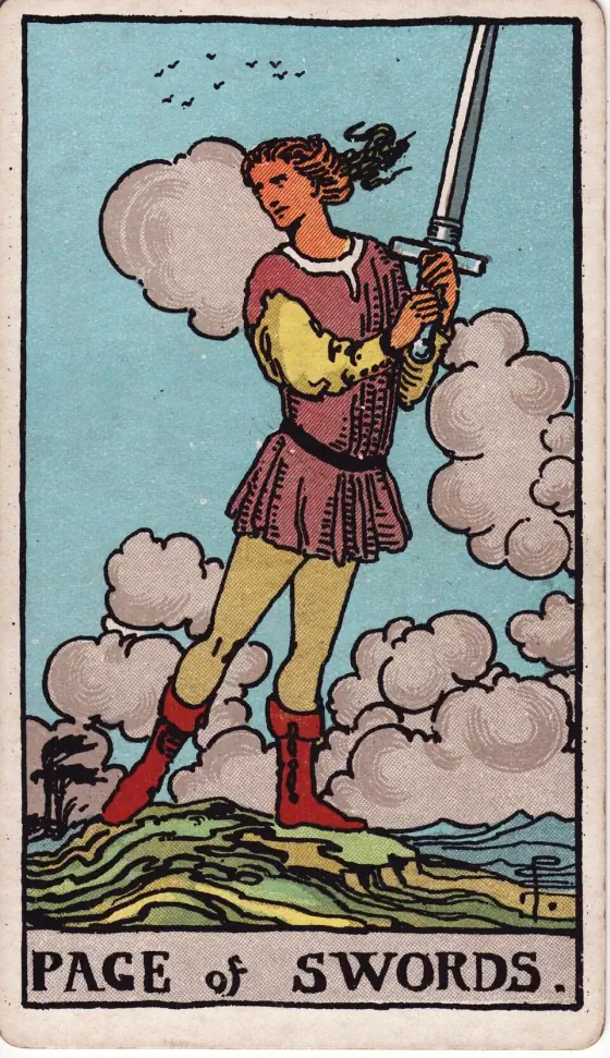 Page of Swords: A lithe, active figure holds a sword upright in both hands, while in the act of swift walking.
