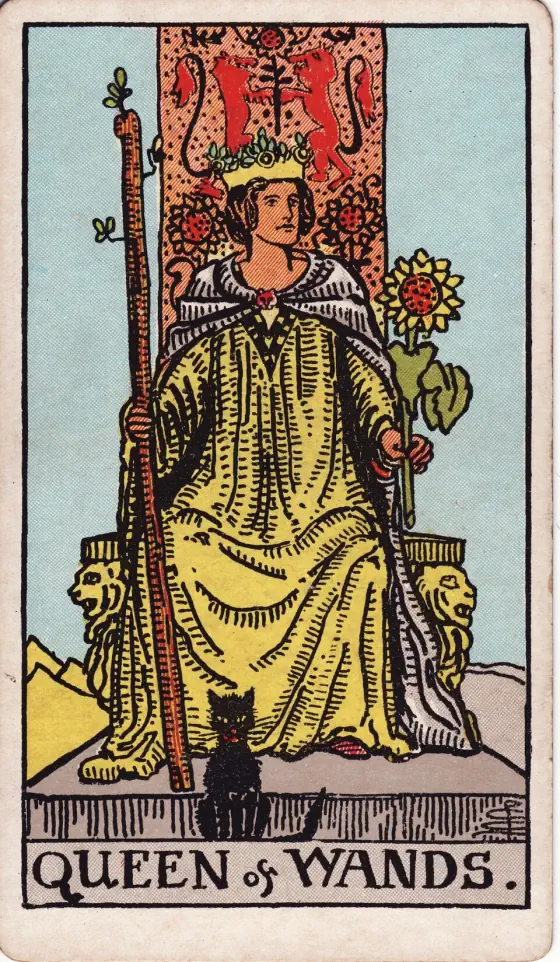 Queen of Wands: A crowned queen sits on a throne carved with lions, holding a wand in her right hand and a sunflower in her left, with a black cat sitting at her feet.
