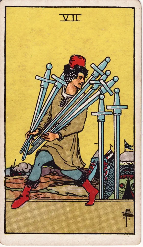 Seven of Swords: A man in the act of carrying away five swords rapidly; the two others of the card remain stuck in the ground.