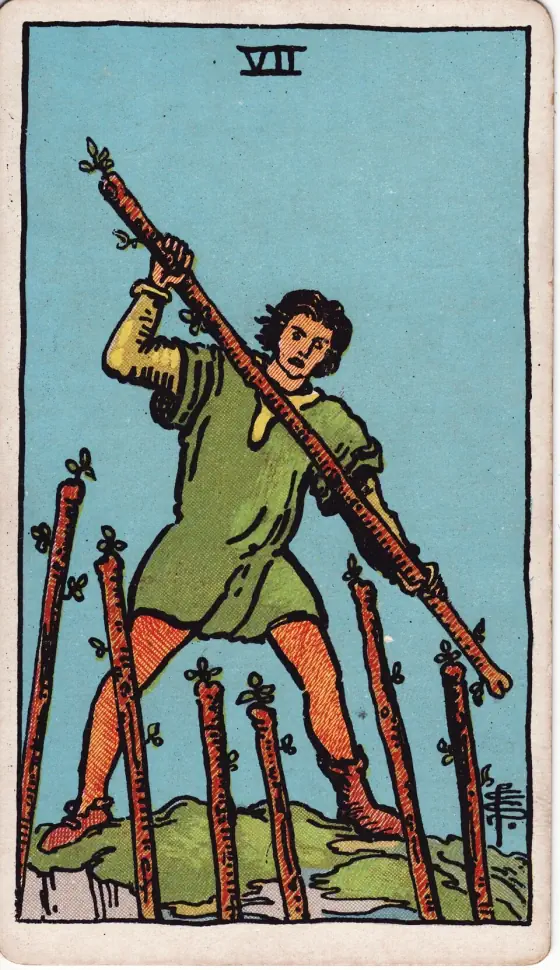 Seven of Wands: A young man on a craggy eminence brandishing a staff; six other staves are raised towards him from below.