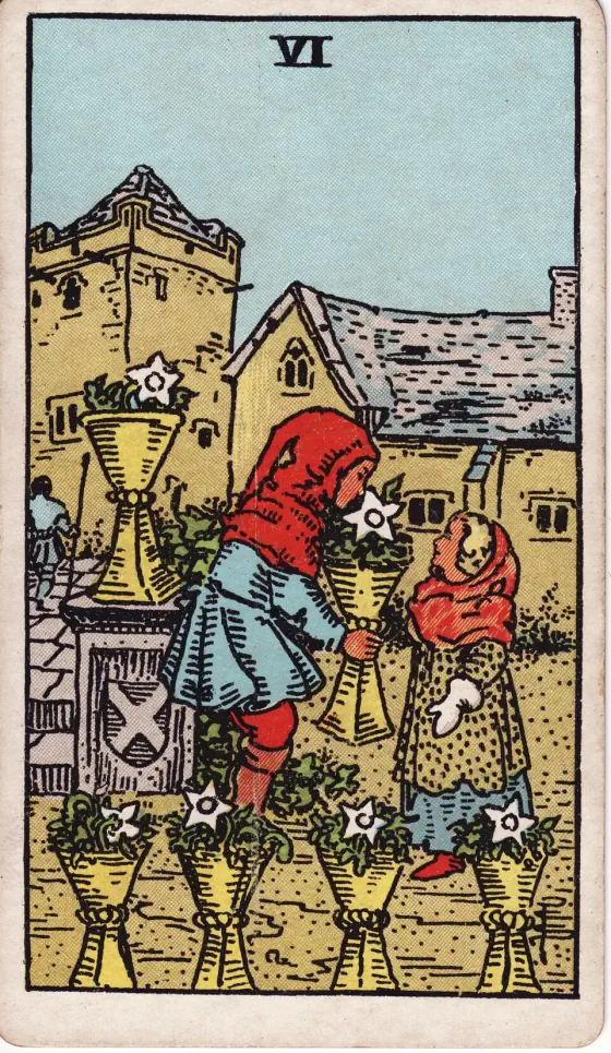Six of Cups: Children in an old garden, their cups filled with flowers.