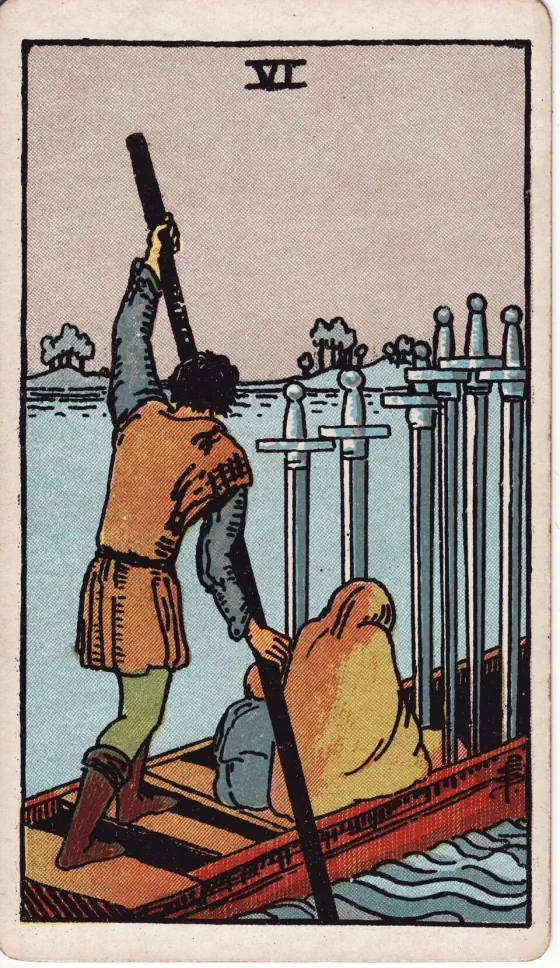 Six of Swords: A ferryman carrying passengers in his punt to the further shore.