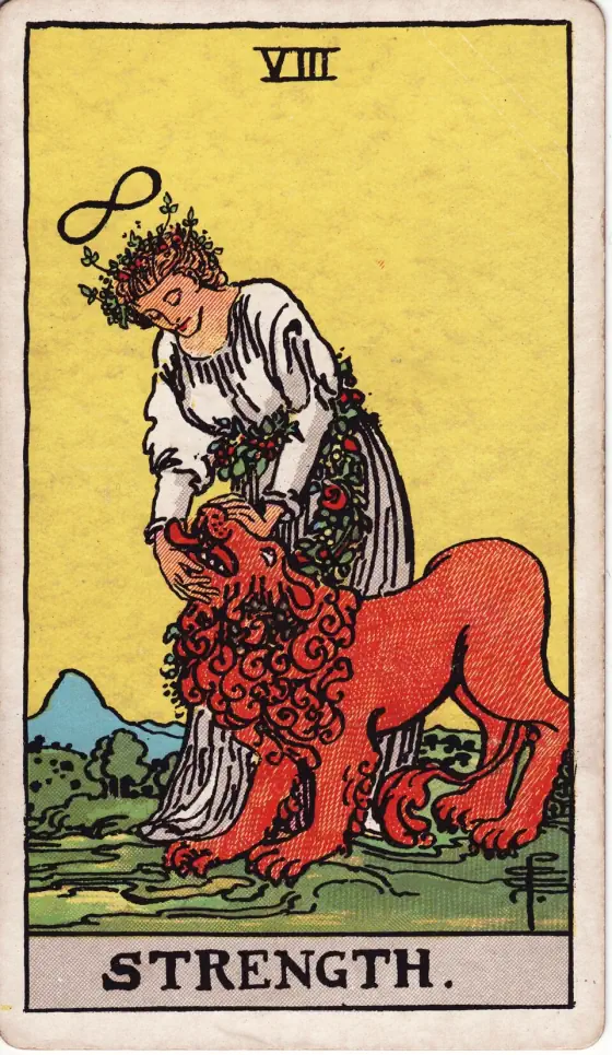 Strength: A woman crowned with flowers, the figure-of-eight sign of infinity above her head, gently closes the jaws of a red lion.
