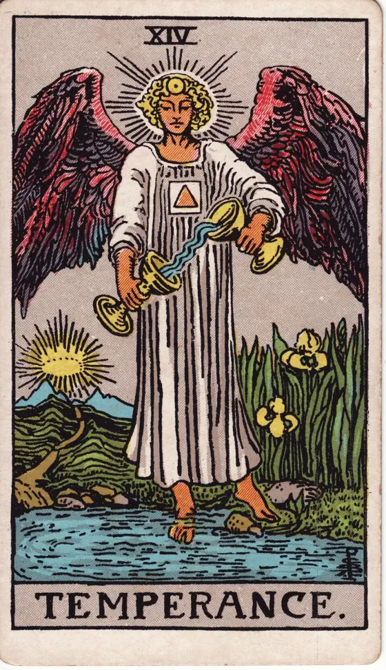 Temperance: A winged angel, with the sign of the sun upon his forehead and on his breast the square and triangle of the septenary.