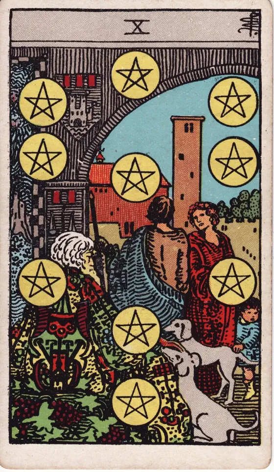 Ten of Pentacles: A man and woman beneath an archway which gives entrance to a house and domain.