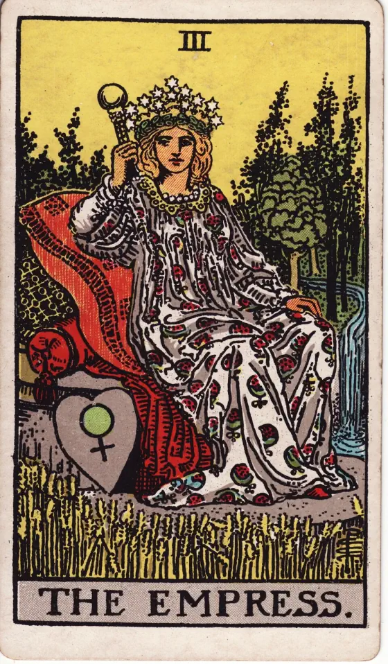 The Empress: A stately figure, seated, having rich vestments and royal aspect, as of a daughter of heaven and earth.