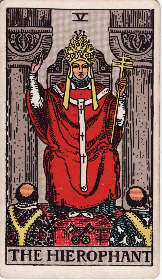 The Hierophant: He wears the triple crown and is seated between two pillars, but they are not those of the Temple which is guarded by the High Priestess.