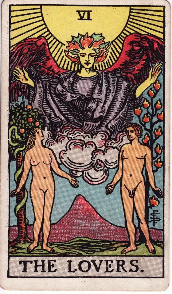 The Lovers: The sun shines in the zenith, and beneath is a great winged figure with arms extended, pouring down influences.