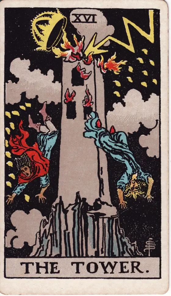 The Tower: Lightning strikes the top of a tall tower on a rocky peak and knocks off its crown; flames burst from the windows and two people fall headlong through the dark.